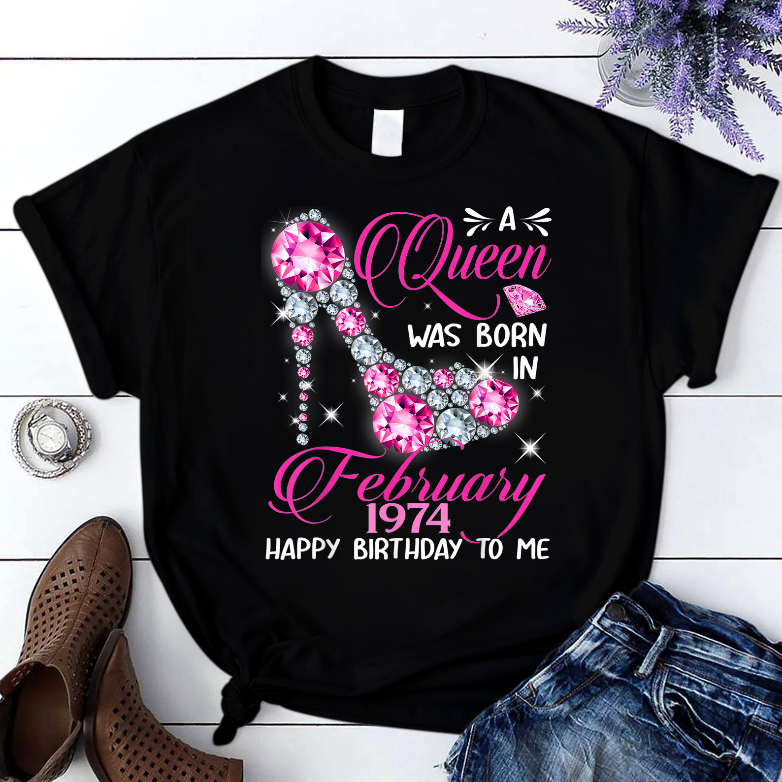 46Th Birthday Gift Queens Are Born In February 1974 Birthday T Shirt Black Women S-3Xl