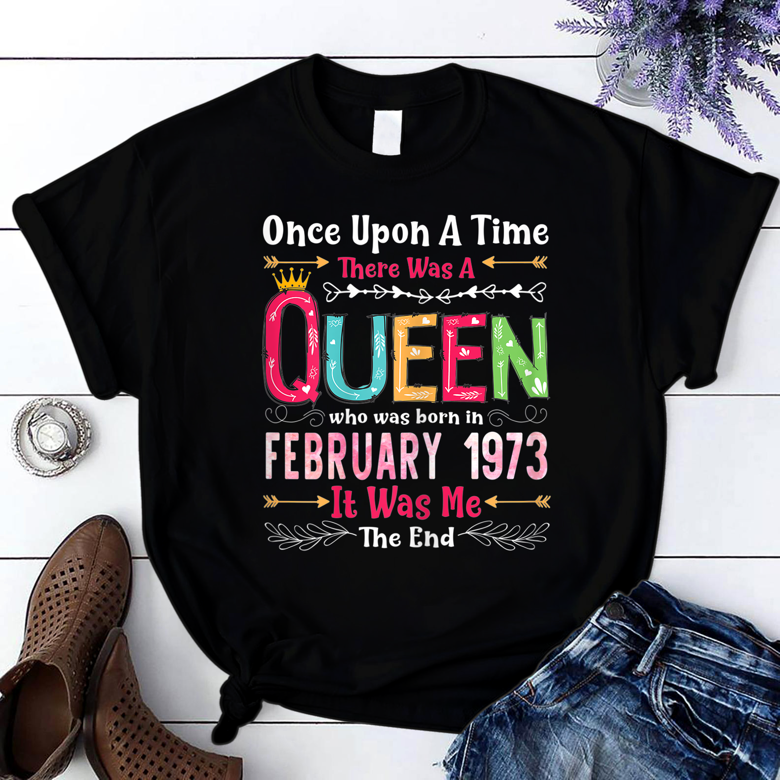 48 Years Birthday Girls 48Th Birthday Queen February 1973 T Shirt Black Women S-3Xl