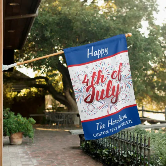 4th July Garden Flag, Independence Day Flag Sparklers & Fireworks Custom Name House Flag