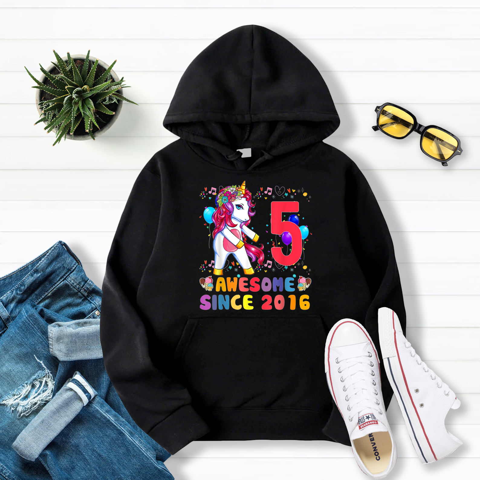 5 Years Old 5th Birthday Gifts 2016 Unicorn Dabbing Girls Pullover Hoodie Black S-5XL