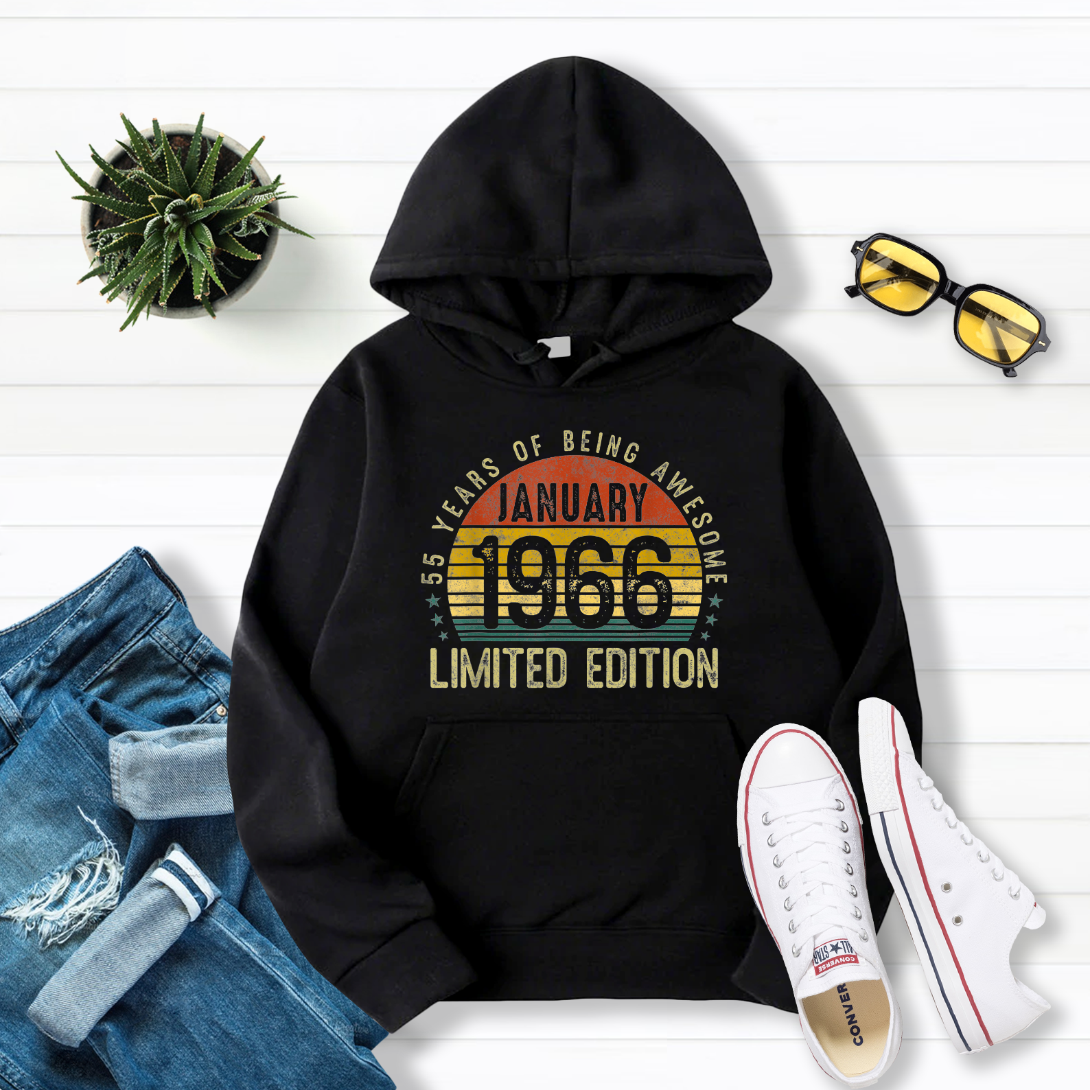 55 Years Old Born In January 1966 Outfit 55th Birthday Pullover Hoodie Black S-5XL