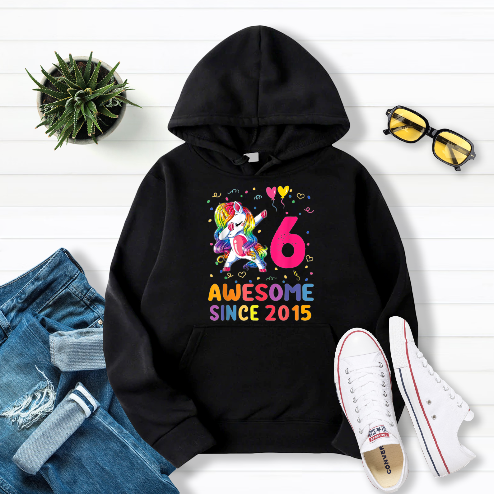 6th Birthday Gifts 2015 Unicorn Dabbing Girls awasome Pullover Hoodie Black S-5XL