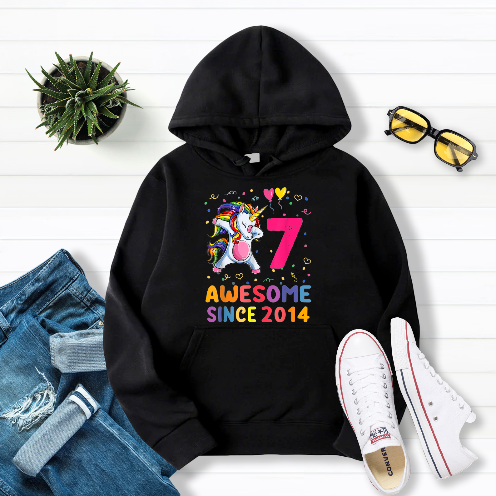 7 Years Old 7th Birthday Gifts 2014 Unicorn Dabbing Girls awesome Pullover Hoodie Black S-5XL