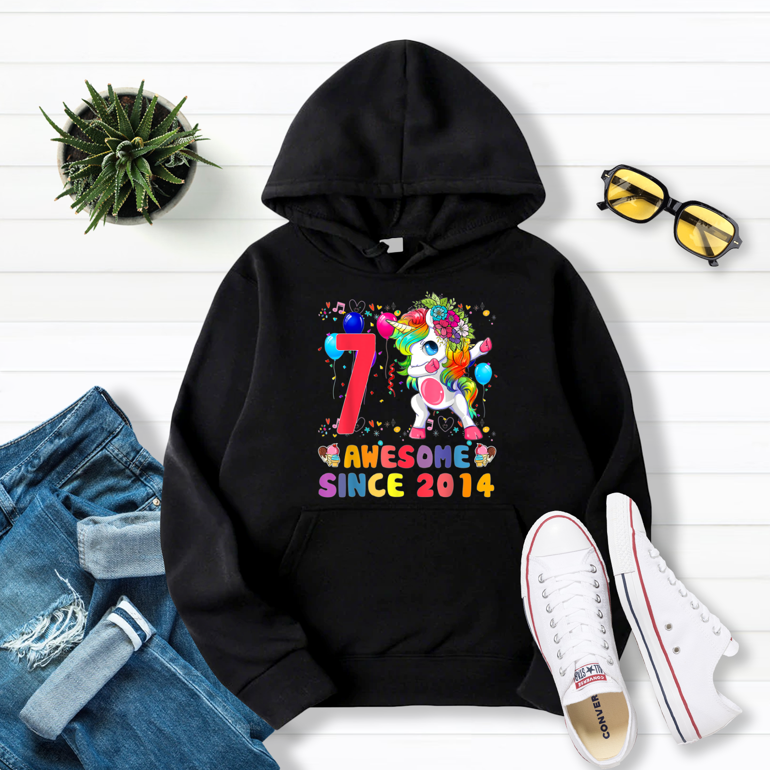 7th Birthday Gifts 2014 Unicorn Dabbing Girls Awesome Pullover Hoodie Black S-5XL