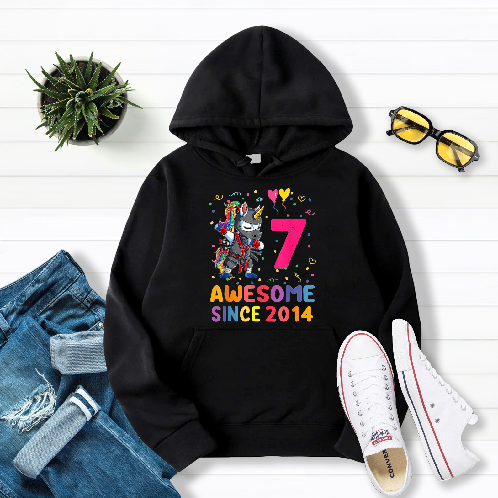 7th Birthday Gifts 2014 Unicorn Dabbing Girls Pullover Hoodie Black S-5XL