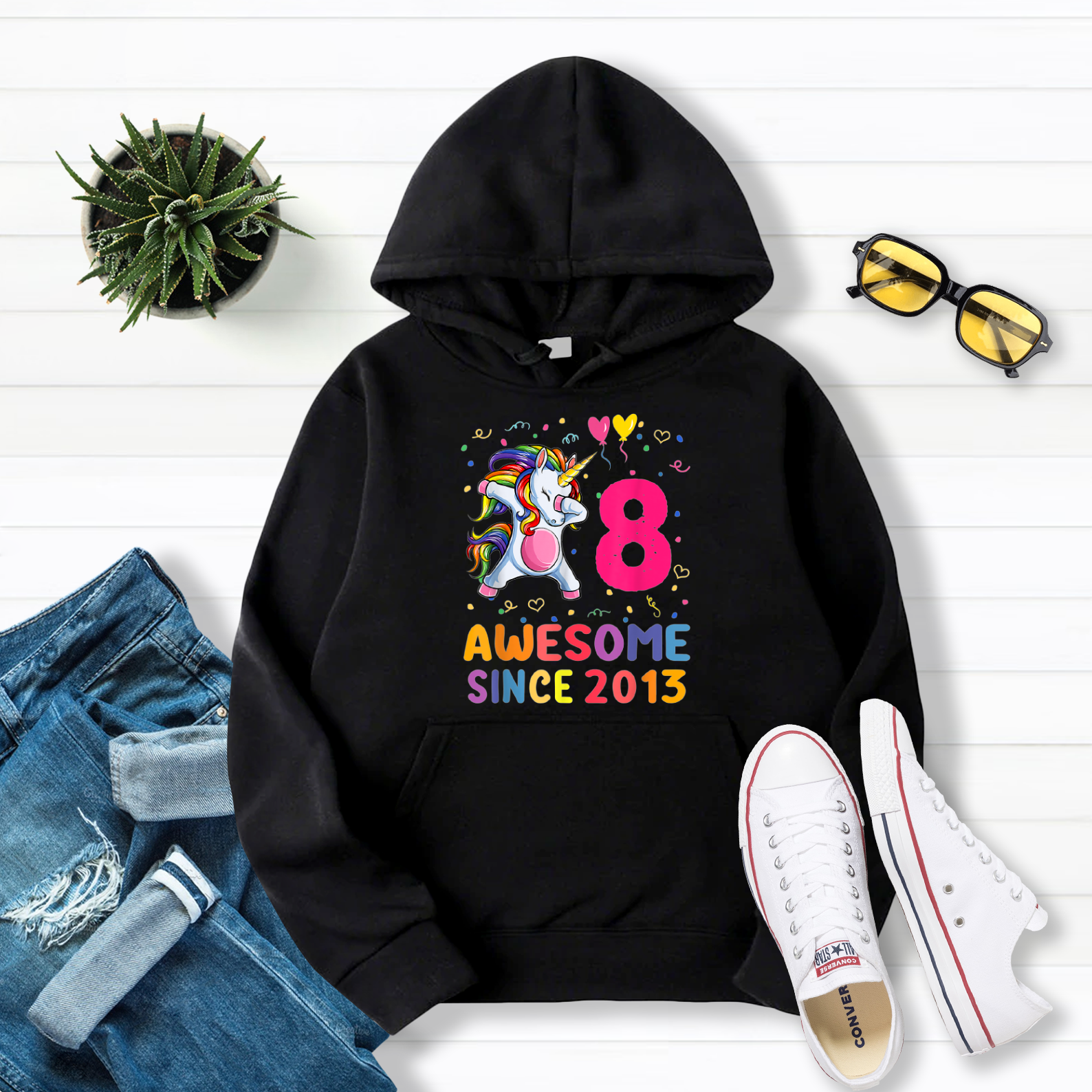 8th Birthday Gifts 2013 Unicorn Dabbing Girls Pullover Hoodie Black S-5XL