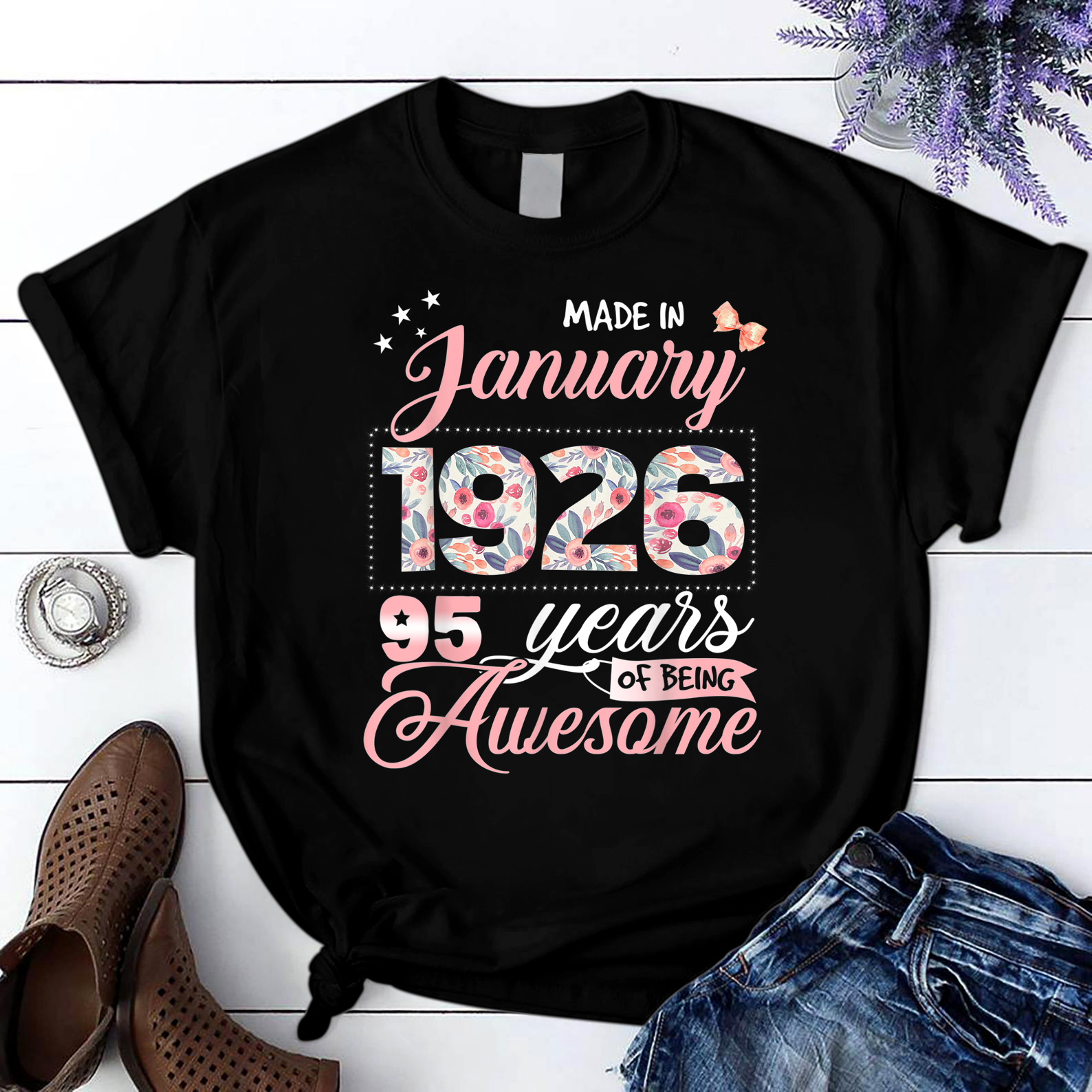 95th Birthday Floral Gift for Womens Born in January 1926 T Shirt Black S-3XL