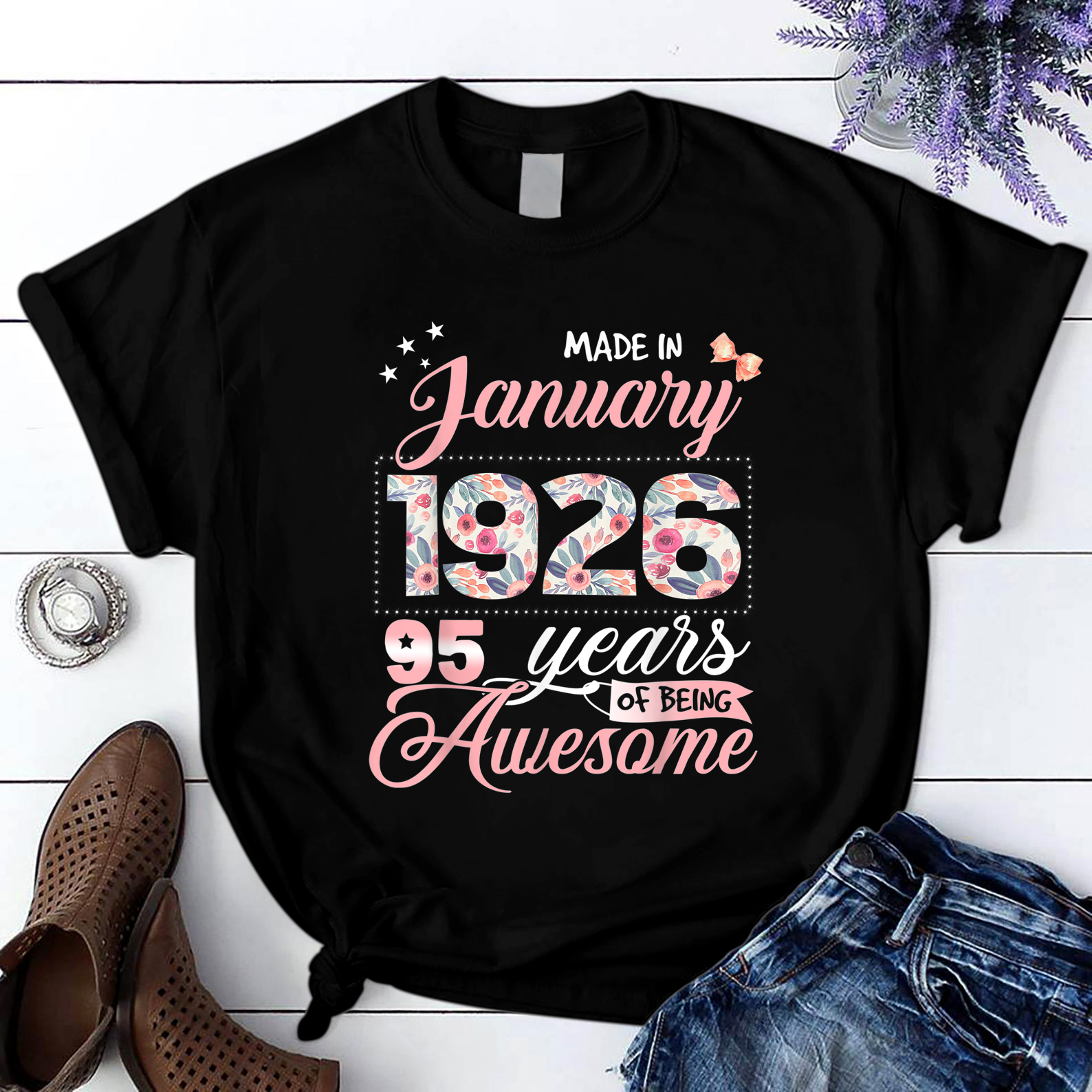 95th Birthday Floral Gift for Womens Born in January 1926 T Shirt Black S-3XL