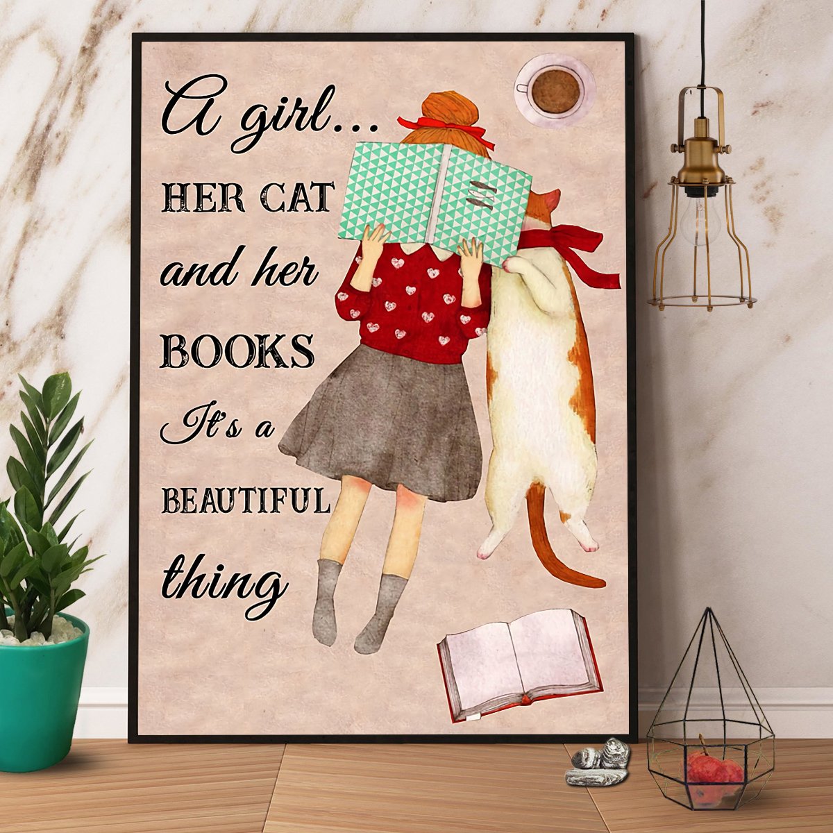 A Girl Her Cat And Her Books It'S A Beautiful Thing Satin Poster Portrait No Frame