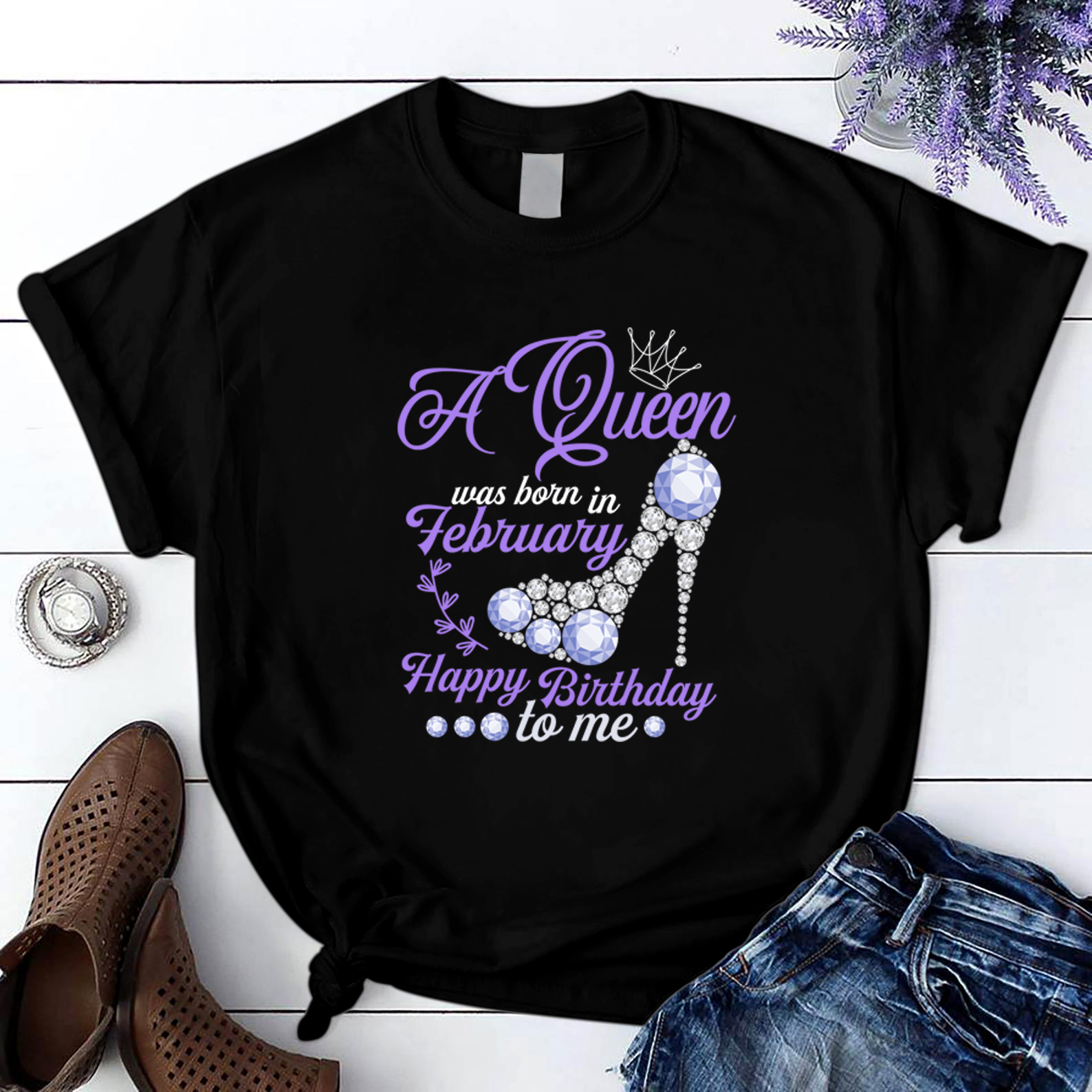 A Queen Born In February T Shirt Black Women S-3Xl