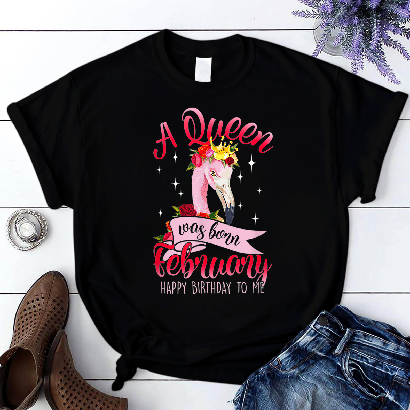 A Queen Was Born February Flamingo Happy Birthday To Me T Shirt Black Women S-3Xl