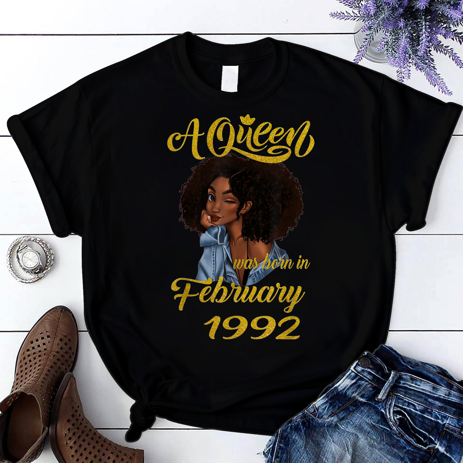 A Queen Was Born In February 1992 29Th Birthday T Shirt Black Women S-3Xl