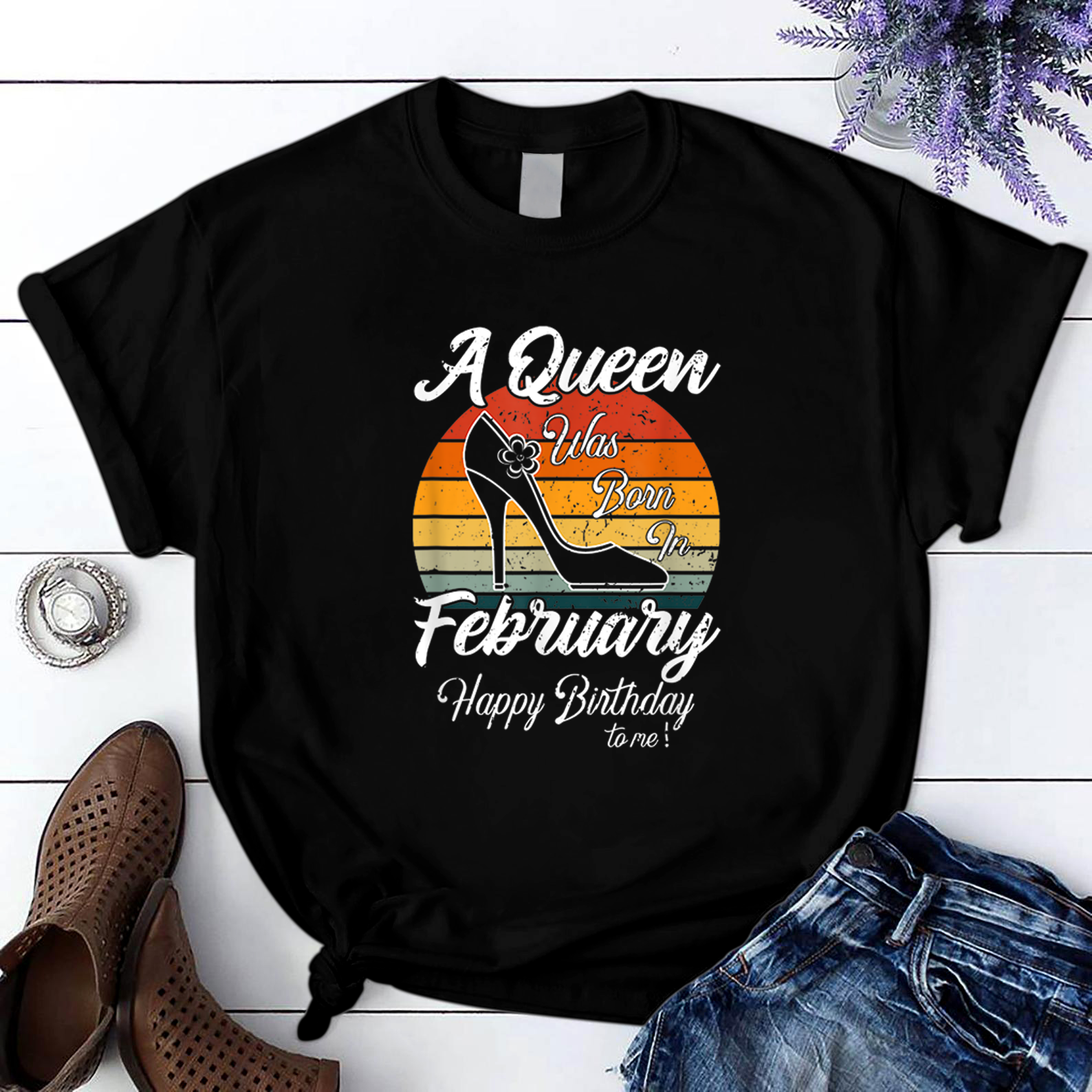 A Queen Was Born In February Happy Birthday To Me T Shirt Black Women S-3Xl