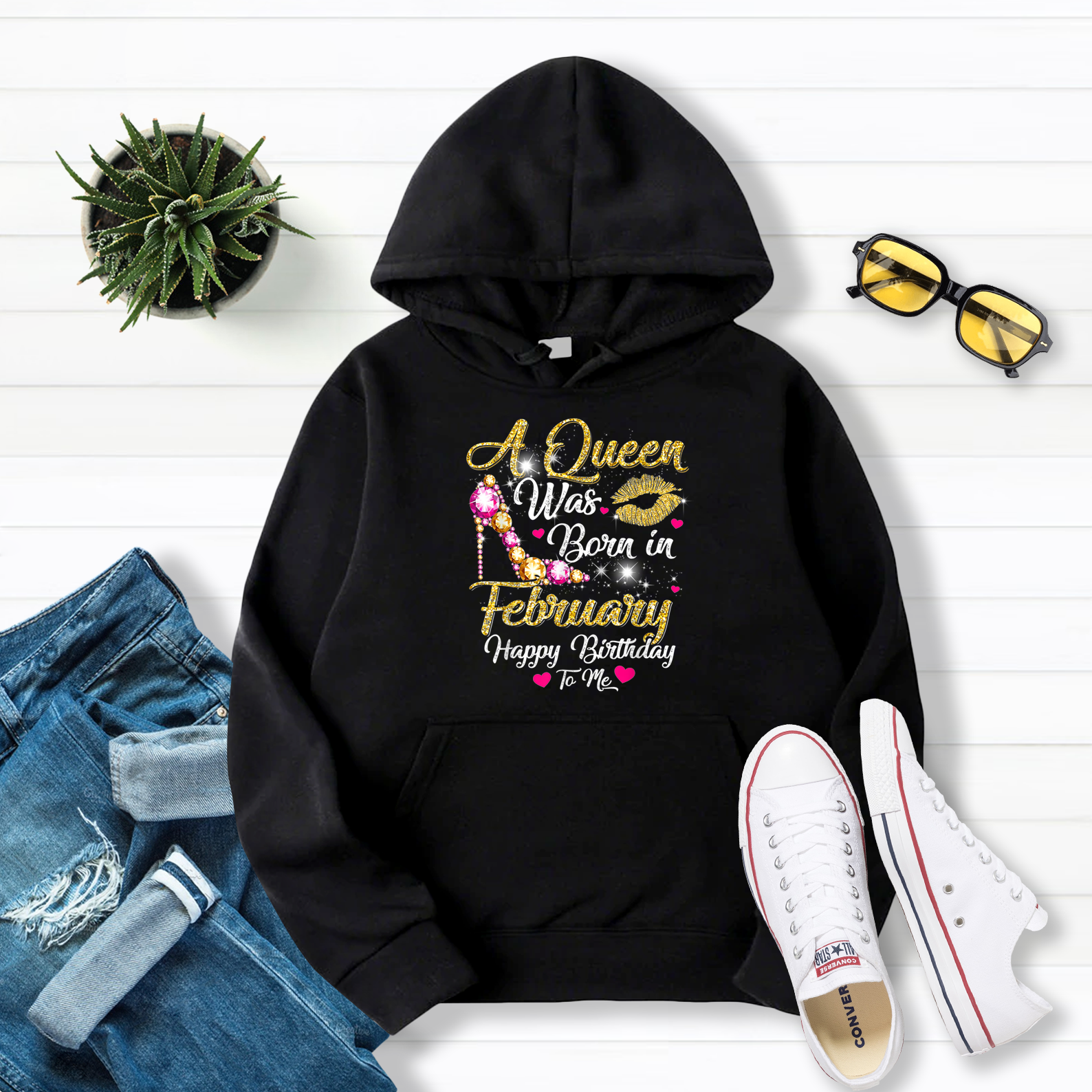 A Queen Was Born In February Hoodie Women Diamond Pullover Hoodie Black S-5Xl