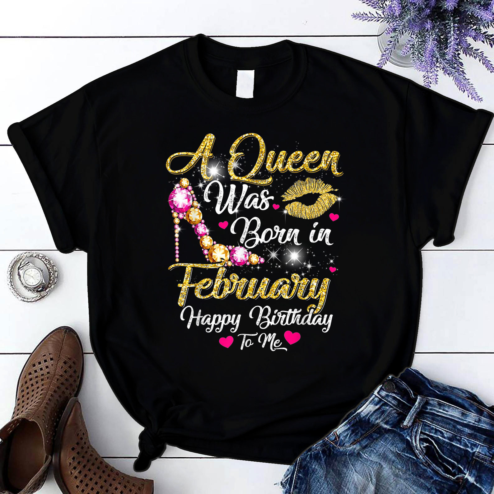 A Queen Was Born In February T Shirt Women Diamond T Shirt Black Women S-3Xl