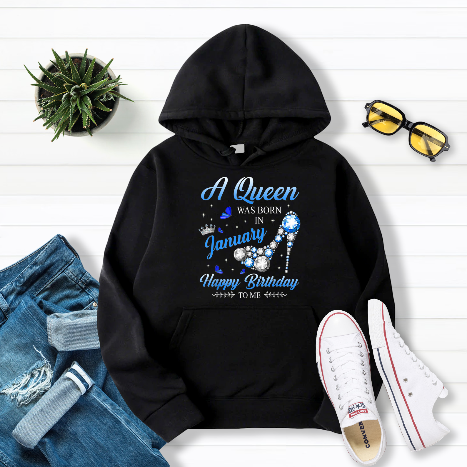 A Queen Was Born In January Birthday Pullover Hoodie Black S-5XL