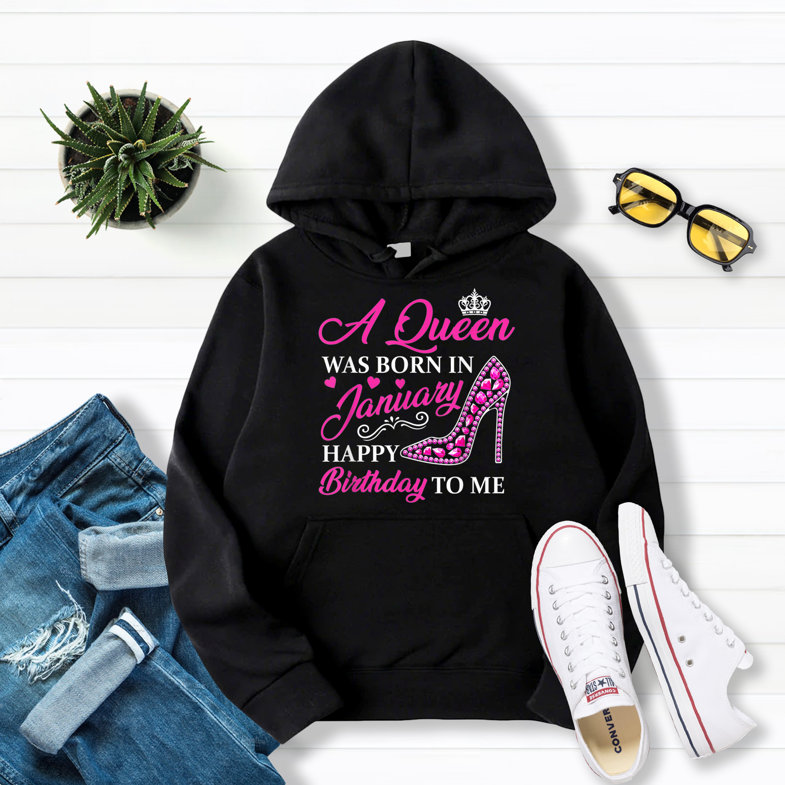 A Queen Was Born In January Happy Birthday To Me Pullover Hoodie Black S-5XL