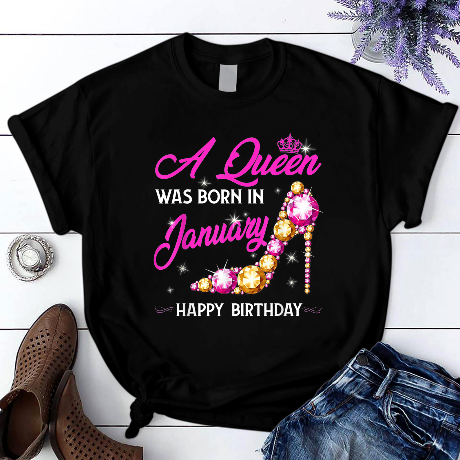 A Queen Was Born In January T Shirt Black Unisex S-6XL