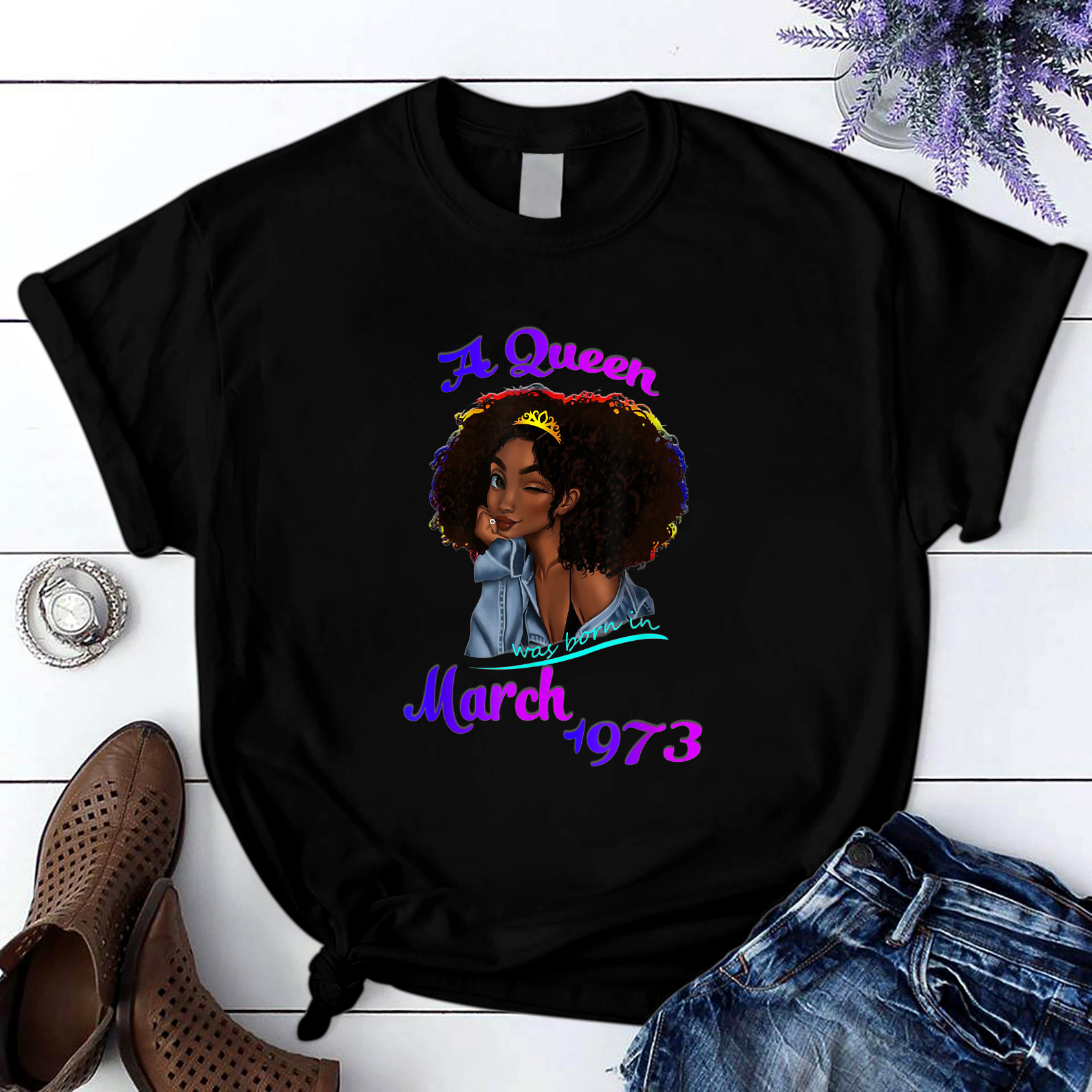 A Queen Was Born In March 1973 48Th Birthday Gift Funny T Shirt Black Unisex S-6Xl