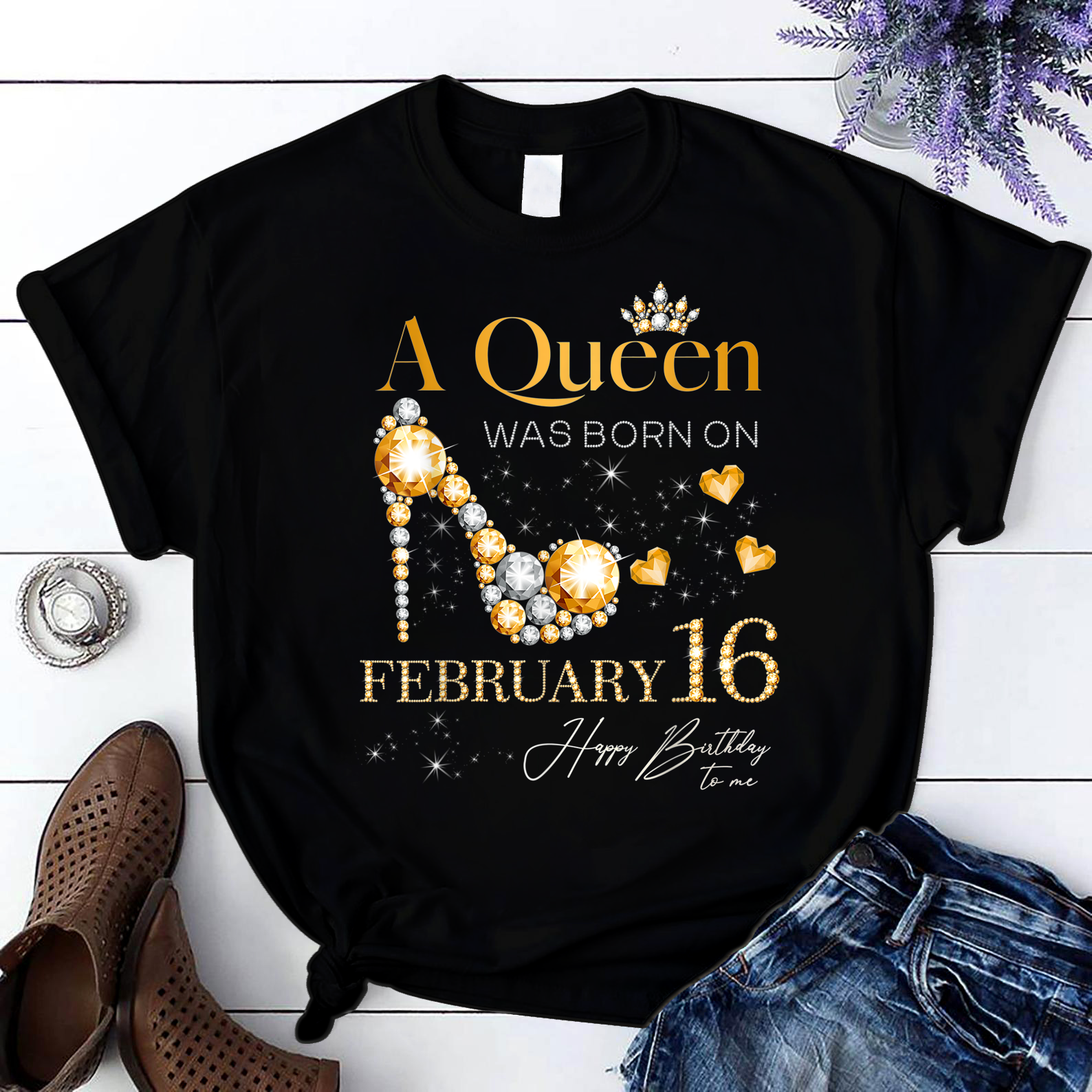 A Queen Was Born On February 16 16Th February Birthday T Shirt Black Women S-3Xl