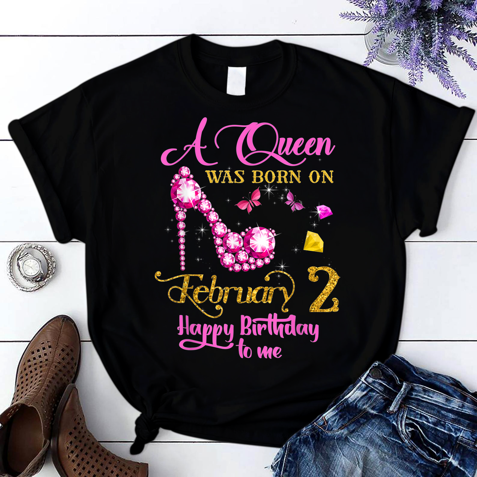 A Queen Was Born On February 2 2Nd February Birthday T Shirt Black Women S-3Xl