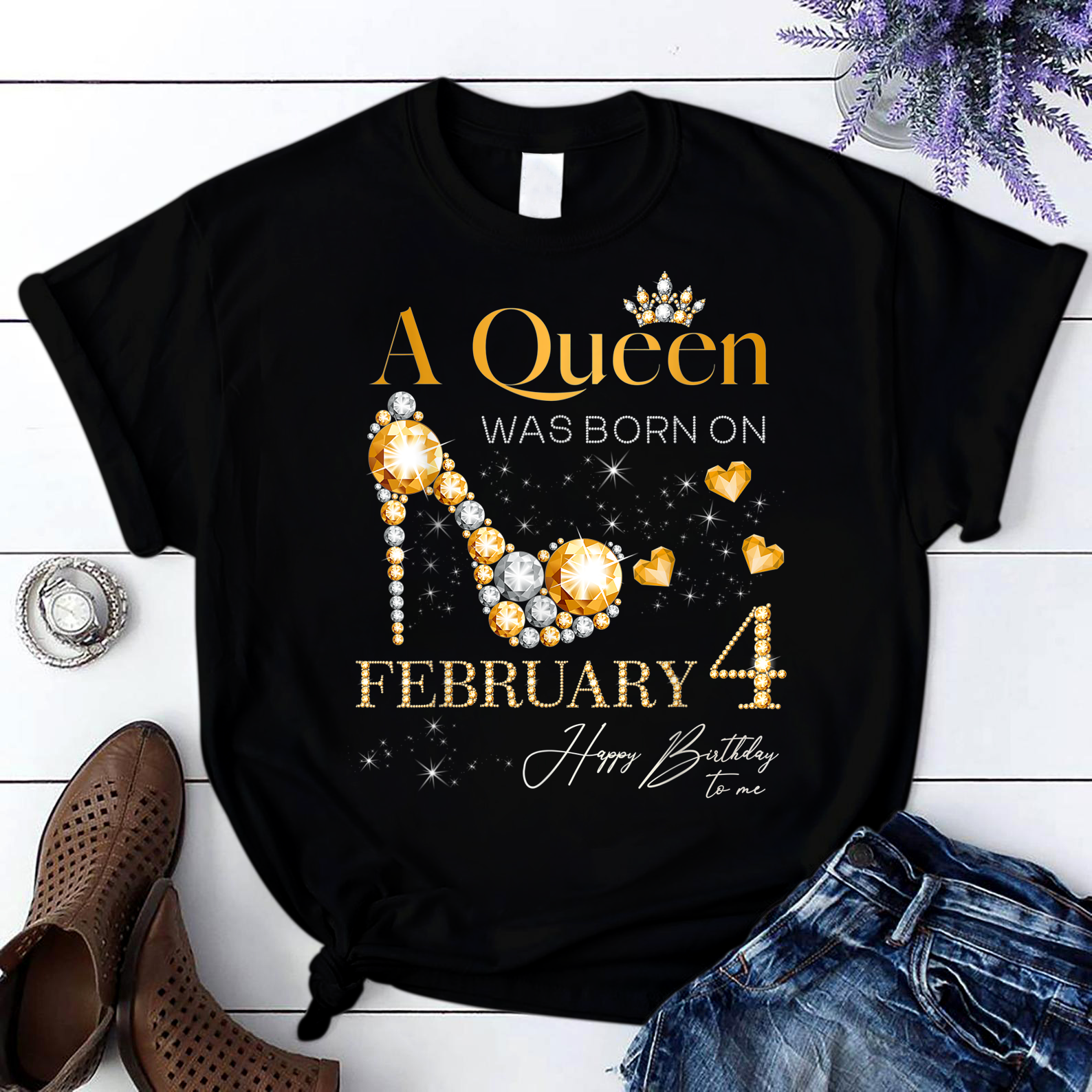 A Queen Was Born On February 4 4Th February Birthday T Shirt Black Women S-3Xl