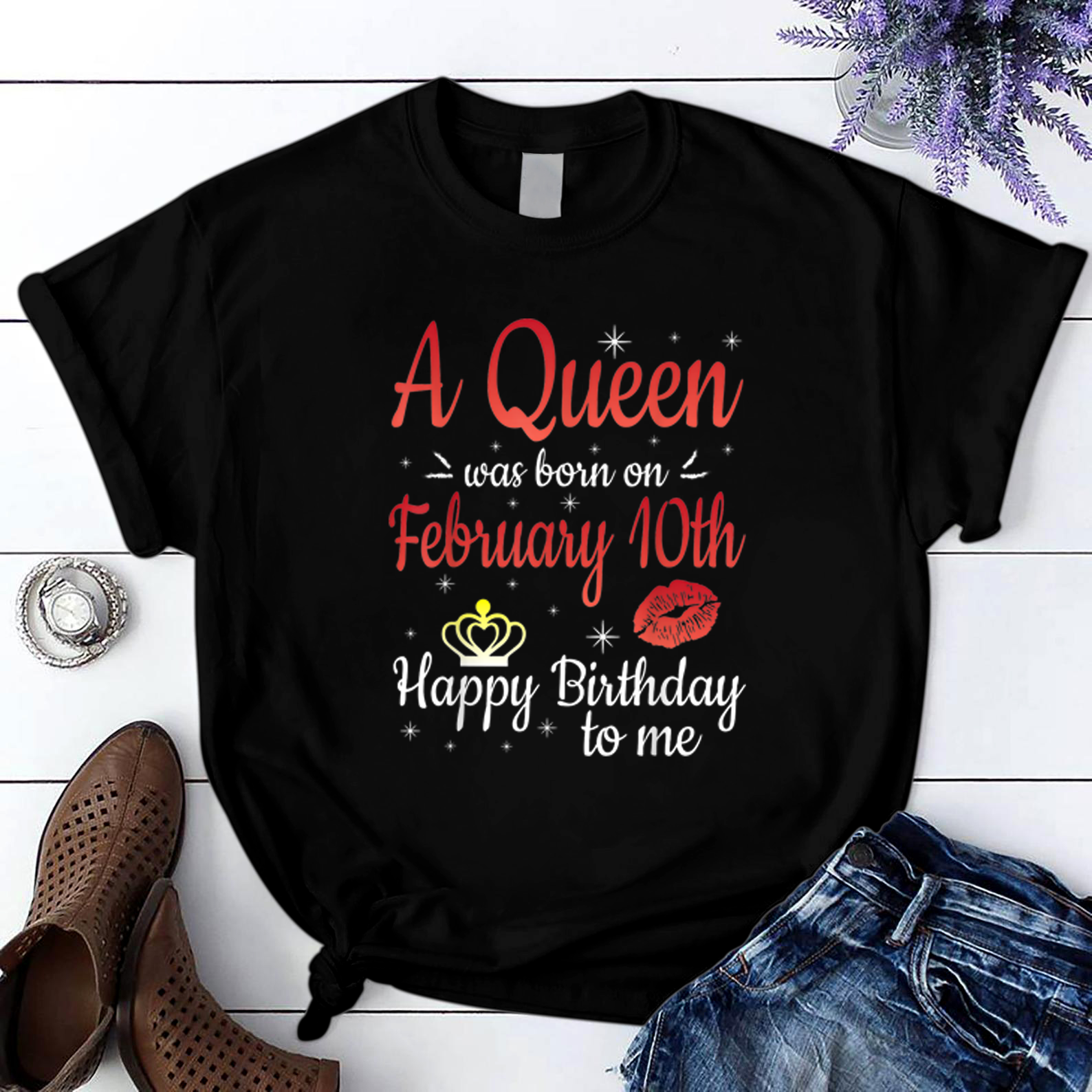 A Queen Was Born On February T Shirt Black Women S-3Xl