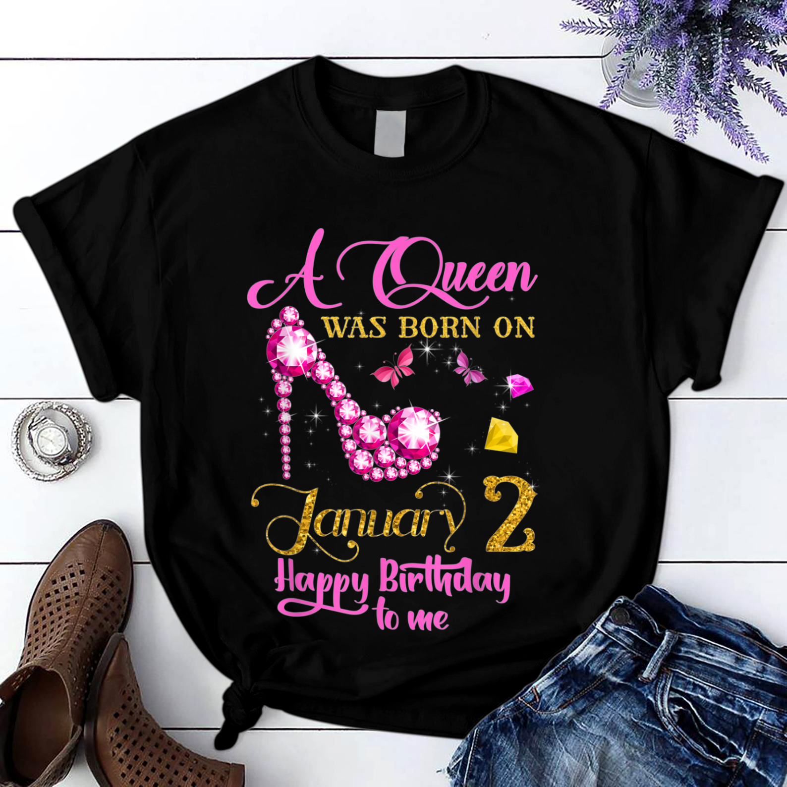 A Queen Was Born on January 2 T Shirt Black Unisex S-6XL