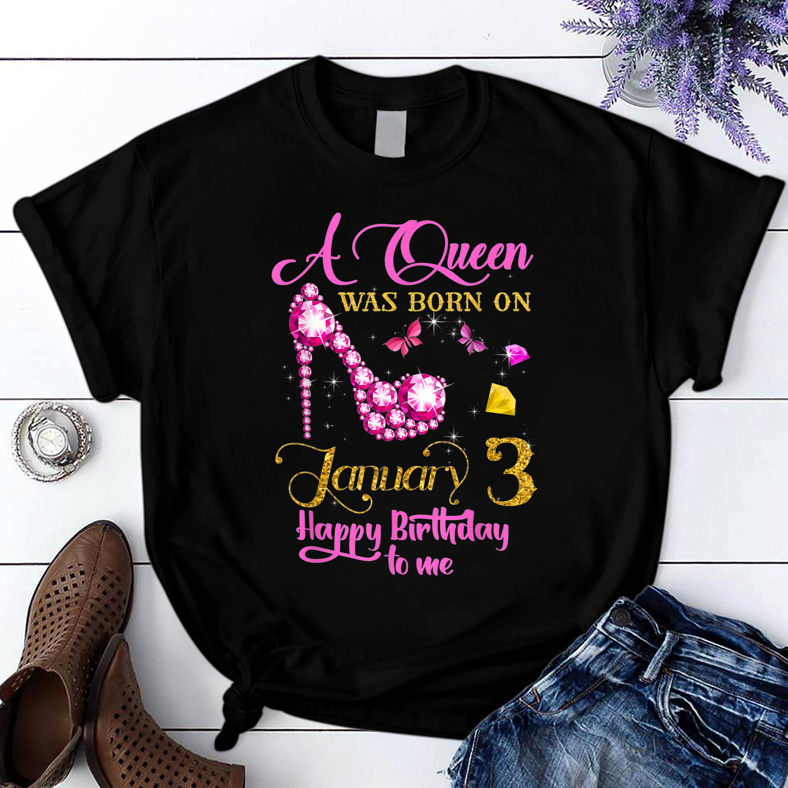 A Queen Was Born on January 3 3rd January Birthday T Shirt Black Unisex S-6XL