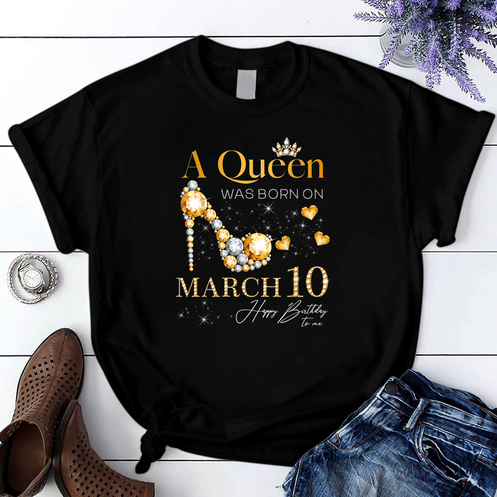 A Queen Was Born On March 10 10Th March Birthday T Shirt Black Unisex S-6Xl