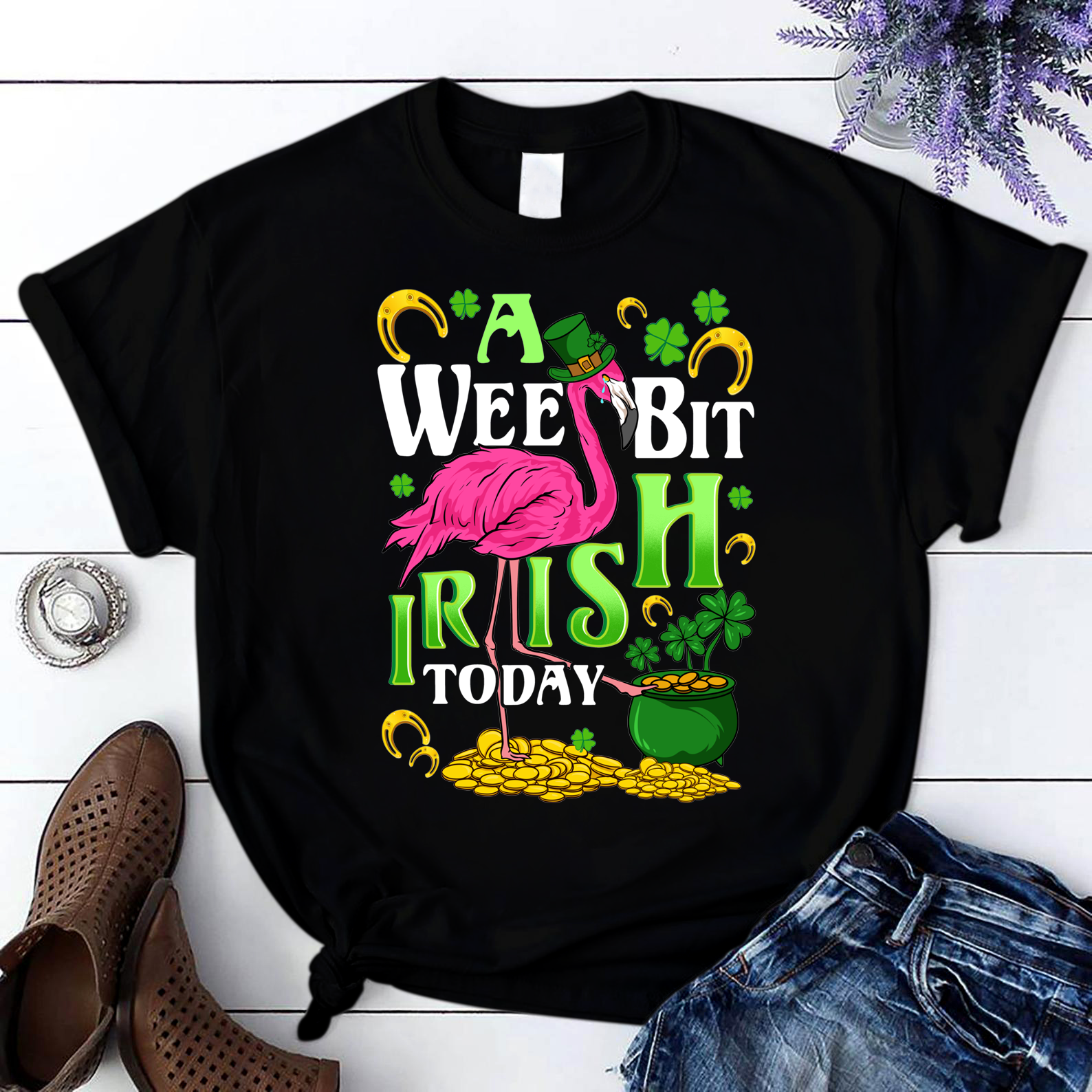 A Wee Bit Irish Today Flamingo Leprechaun St Patricks Day T Shirt Black Unisex S-6Xl