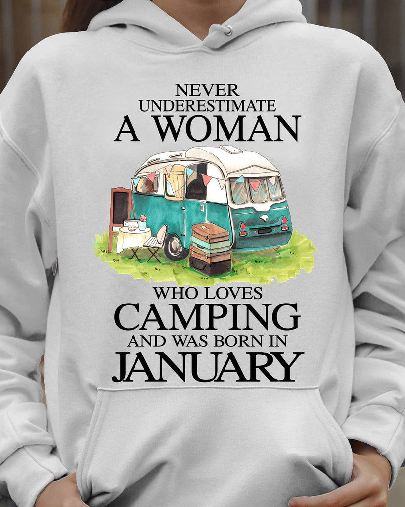 A Woman Loves Camping And Was Born In January Women Pullover Hoodie White S-5XL