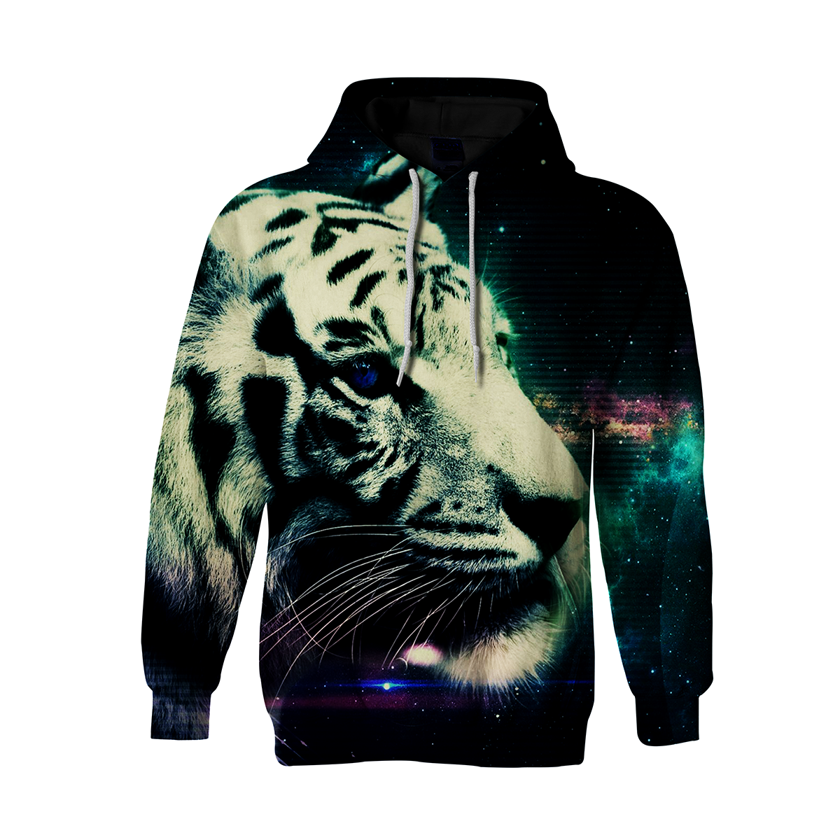 Adorable White Tiger Galaxy Printed Long Sleeves Pullover With Pocket Pullover Hoodie 3D Print Full S-5XL