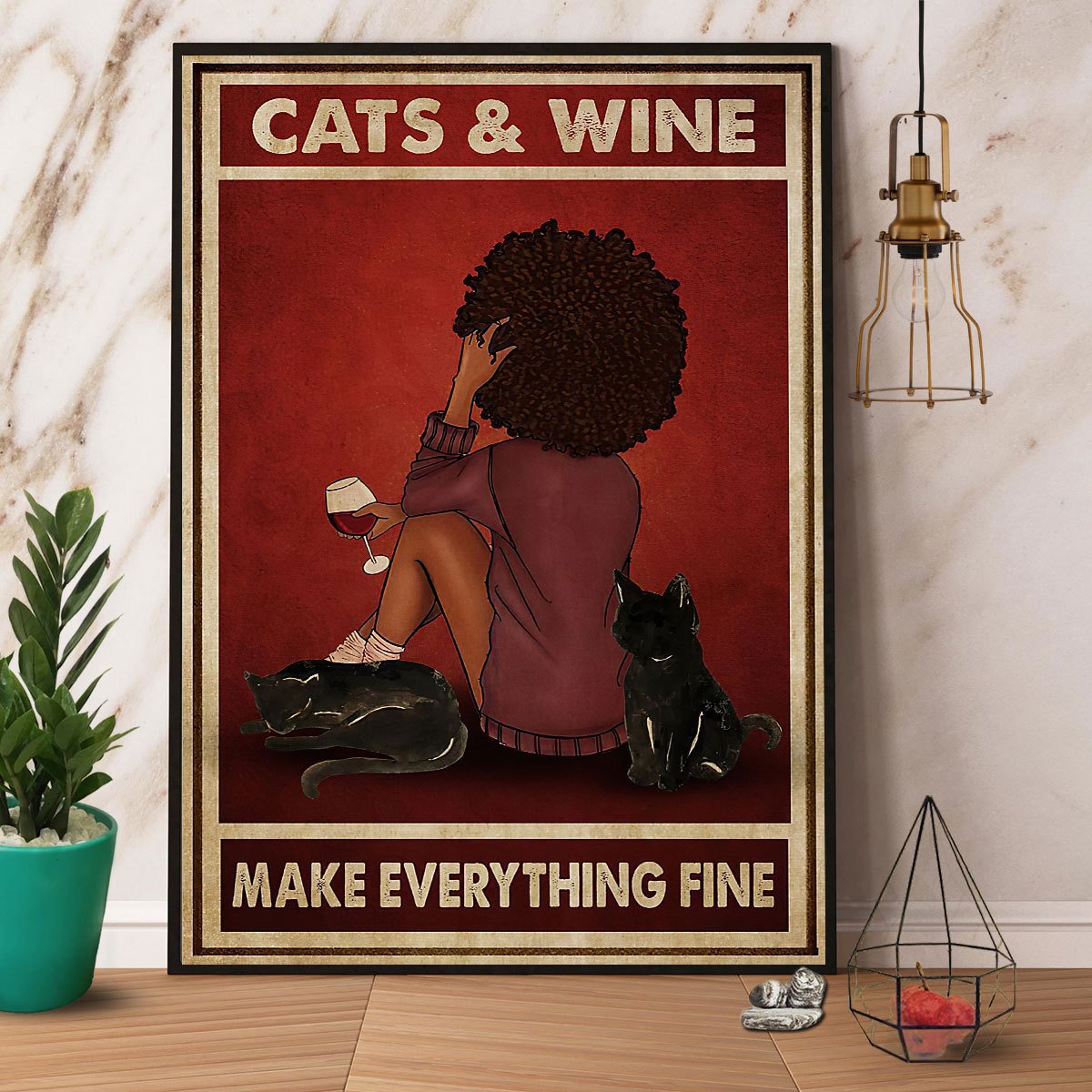 Afro Girl Cats And Wine Make Everything Fine Satin Poster Portrait No Frame