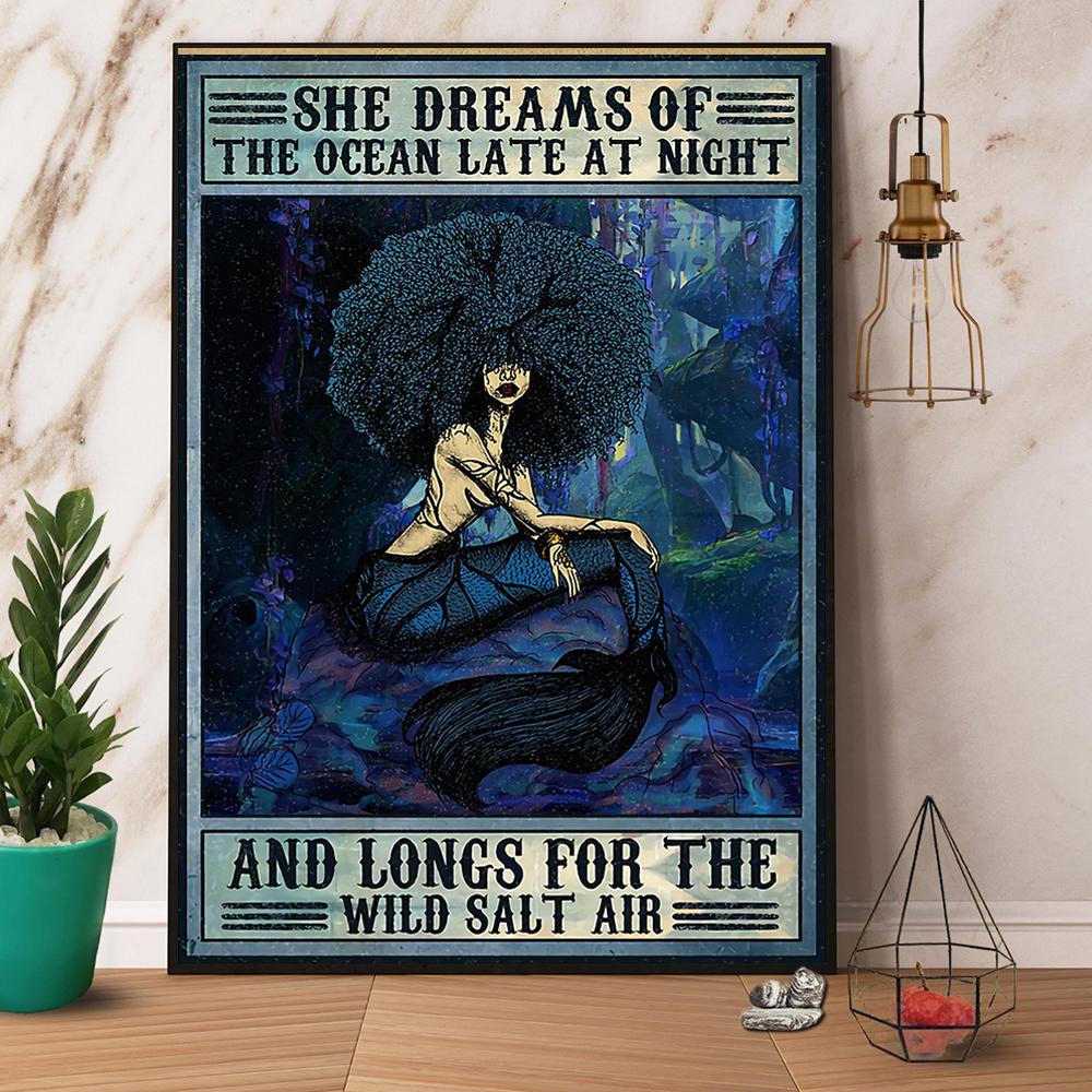 Afro Girl She Dreams Of The Ocean Late At Night Satin Poster Portrait No Frame