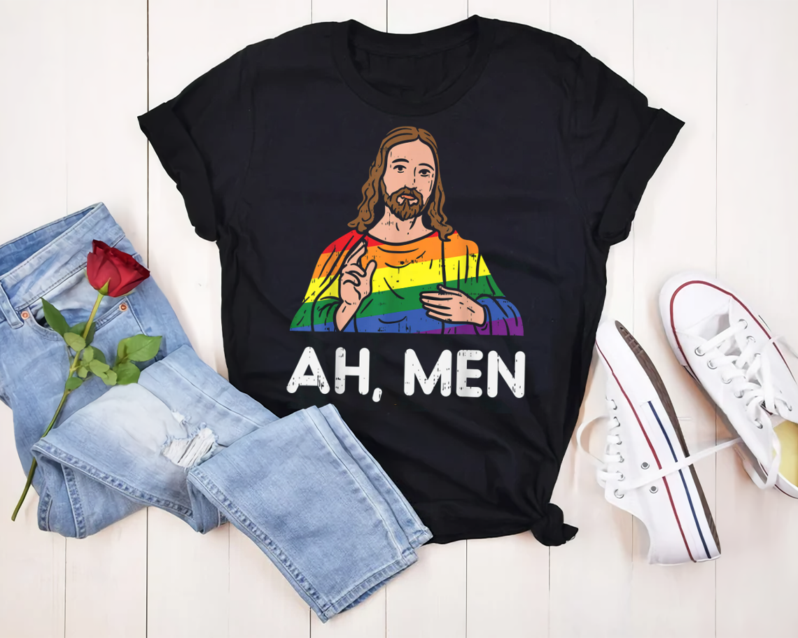 Ah Men Rainbow Gay Jesus Christian Lgbt Pride Flag T-shirt Unisex S-6xl