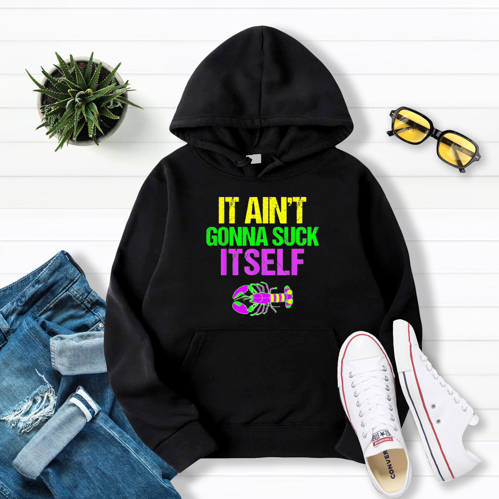 Aint Gonna Suck Itself Funny Mardi Gras Pullover Hoodie Black S-5XL