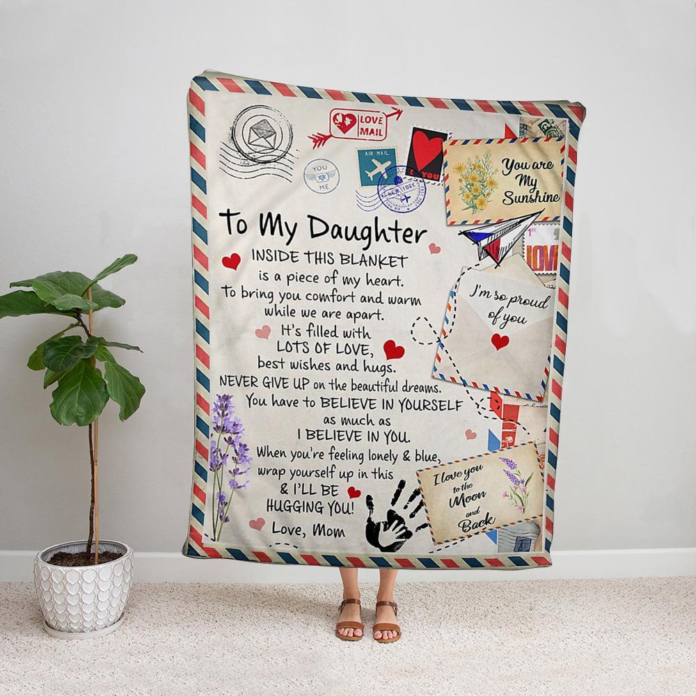 Air mail letter to my daughter from mom inside this blanket is a piece of my heart I'll be hugging you Fleece Blanket Small Medium Large X-large