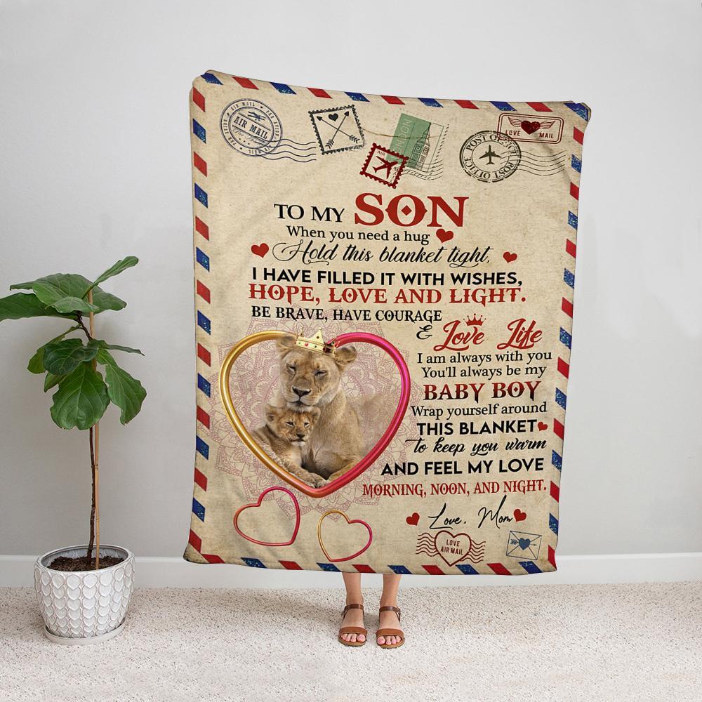 Air mail lion mom to my son i am always with you keep your warm Fleece Blanket Small Medium Large X-large