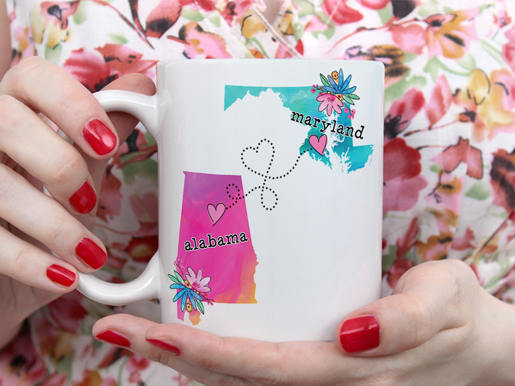 Alabama And Maryland Personalized Name State Mug White Ceramic 11-15oz Coffee Tea Cup