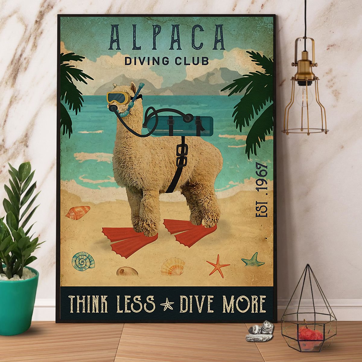 Alpaca Diving Club Think Less Dive More Satin Poster Portrait No Frame