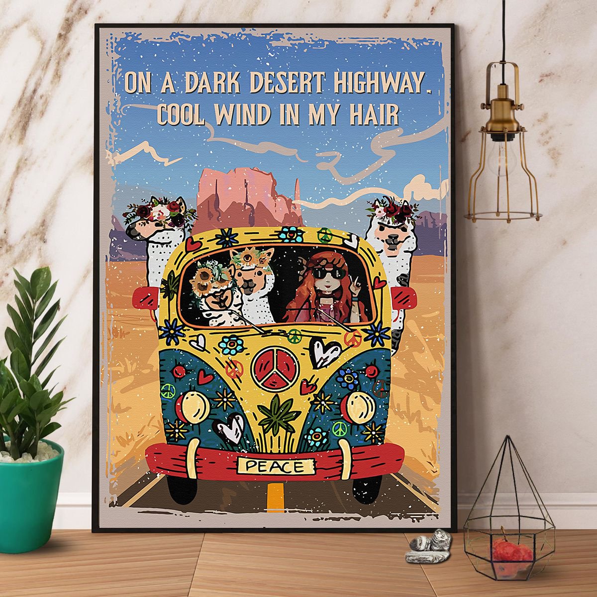 Alpaca Hippie Bus Peace On A Dark Desert Highway Cool Wind In My Hair Satin Poster Portrait No Frame