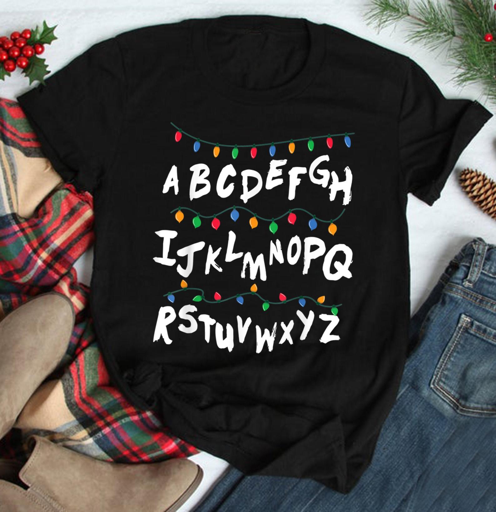 Alphabet Christmas Lights Ugly Holiday Winter Time T Shirt Black Unisex S-6XL