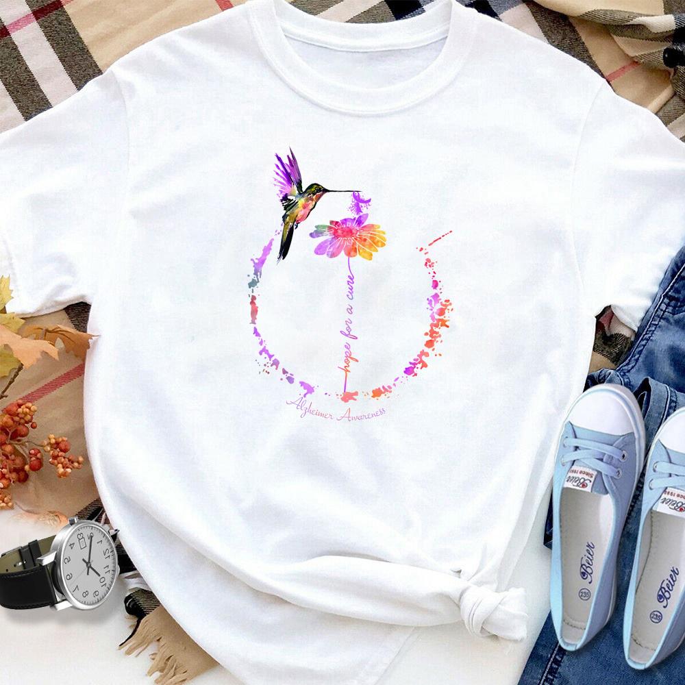 Alzheimer's awareness hummingbird hope for a cure colorful flowers T Shirt White Unisex S-6XL