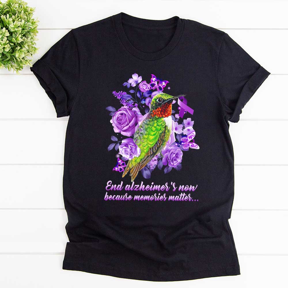 Alzheimers awareness hummingbird purple butterfly flowers T Shirt Black Unisex S-6XL