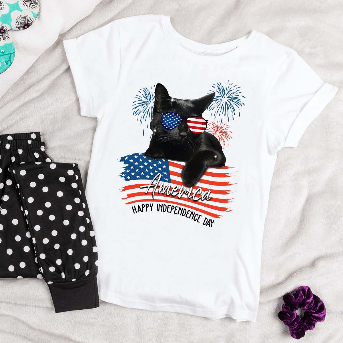 America Happy Independence Day Flag Cat Fireworks Cotton T Shirt White Unisex S-6XL