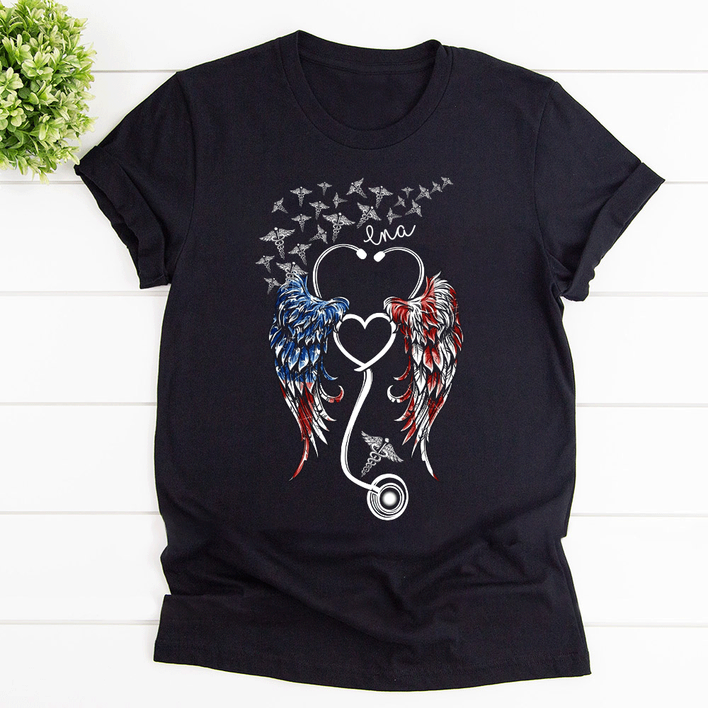 America Nurse With Angel Wings Patriotic Cotton T Shirt Black Unisex S-6XL