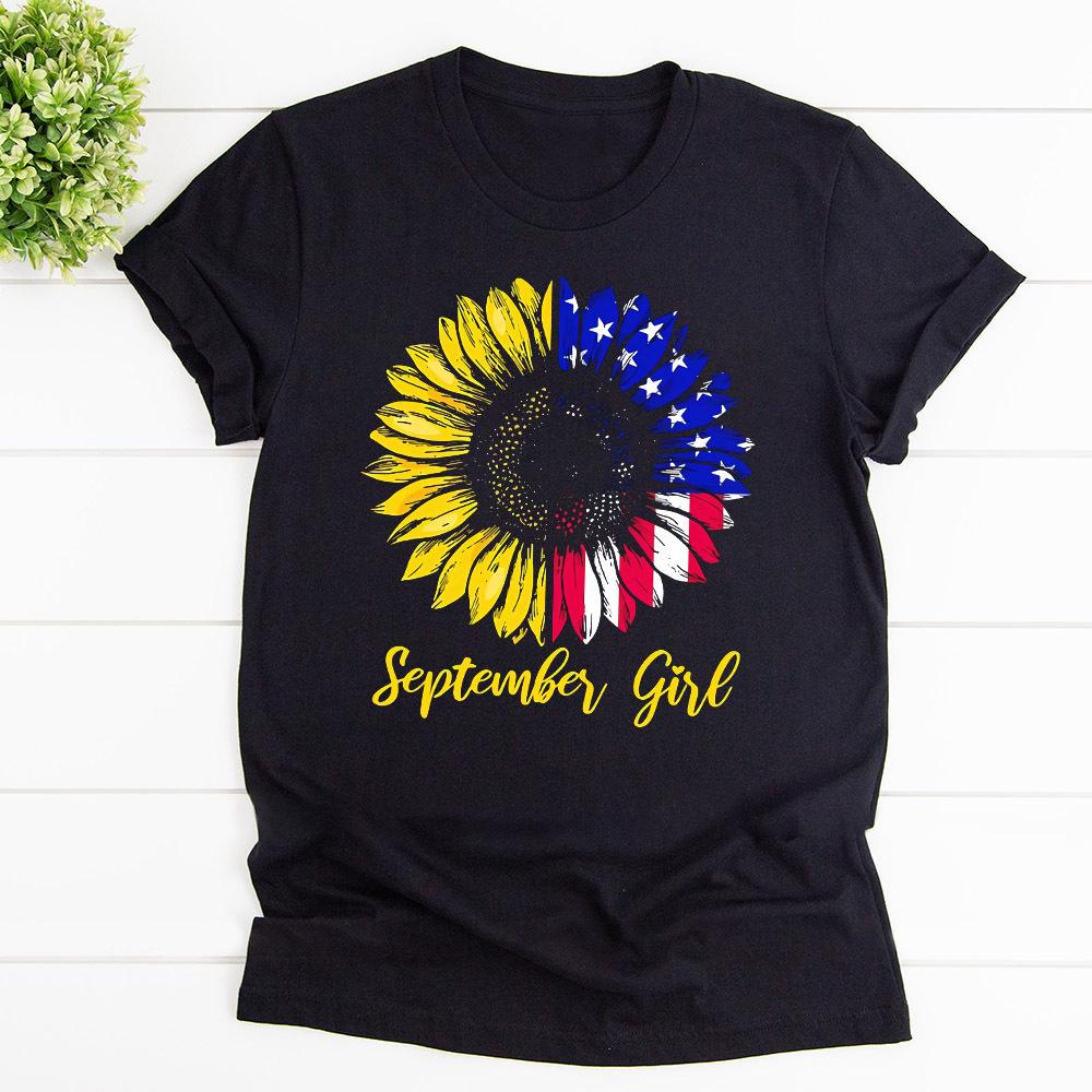 America Sunflower September Girl Cotton T Shirt Black Unisex S-6XL