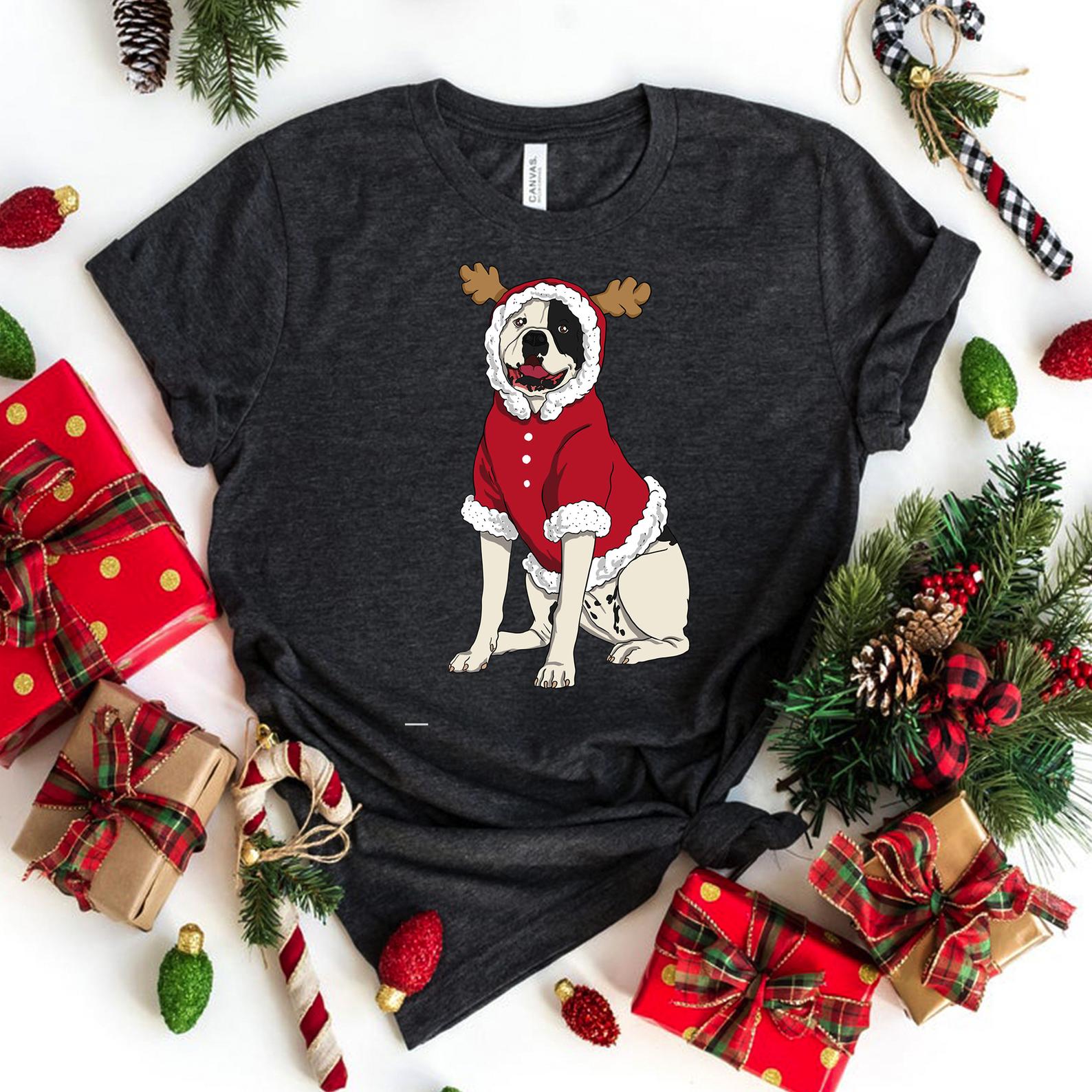 American Bulldog Christmas Dog Santa T Shirt Grey Unisex S-6Xl