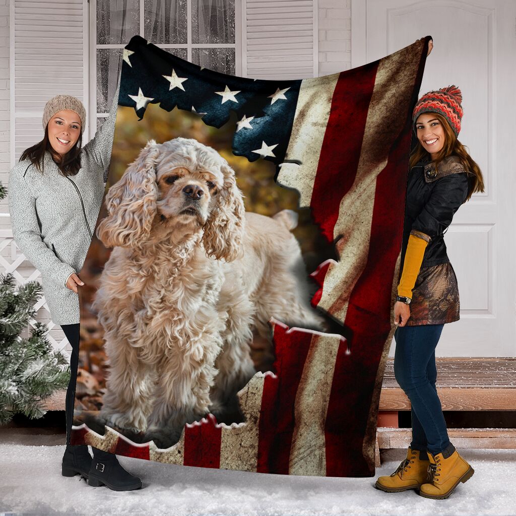 American Cocker Spaniel Premium Blanket Behind The Flag Fleece Blanket